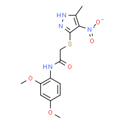 ChemSpider 2D Image | N-(2,4-Dimethoxyphenyl)-2-[(5-methyl-4-nitro-1H-pyrazol-3-yl)sulfanyl]acetamide | C14H16N4O5S