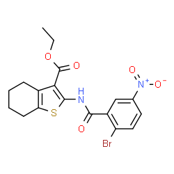 ChemSpider 2D Image | Ethyl 2-[(2-bromo-5-nitrobenzoyl)amino]-4,5,6,7-tetrahydro-1-benzothiophene-3-carboxylate | C18H17BrN2O5S