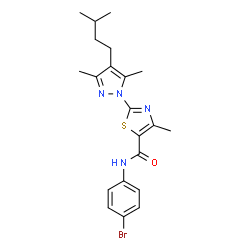 ChemSpider 2D Image | N-(4-Bromophenyl)-2-[3,5-dimethyl-4-(3-methylbutyl)-1H-pyrazol-1-yl]-4-methyl-1,3-thiazole-5-carboxamide | C21H25BrN4OS