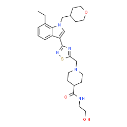 ChemSpider 2D Image | 1-({3-[7-Ethyl-1-(tetrahydro-2H-pyran-4-ylmethyl)-1H-indol-3-yl]-1,2,4-thiadiazol-5-yl}methyl)-N-(2-hydroxyethyl)-4-piperidinecarboxamide | C27H37N5O3S