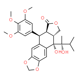 ChemSpider 2D Image | (5R,5aR,8aR,9S)-9-Hydroxy-9-[(2R)-2-hydroxy-3-methyl-2-butanyl]-5-(3,4,5-trimethoxyphenyl)-5,8,8a,9-tetrahydrofuro[3',4':6,7]naphtho[2,3-d][1,3]dioxol-6(5aH)-one | C27H32O9