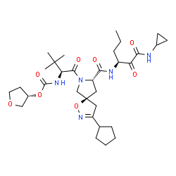 ChemSpider 2D Image | (3S)-Tetrahydro-3-furanyl {(2S)-1-[(5S,8S)-3-cyclopentyl-8-{[(3S)-1-(cyclopropylamino)-1,2-dioxo-3-hexanyl]carbamoyl}-1-oxa-2,7-diazaspiro[4.4]non-2-en-7-yl]-3,3-dimethyl-1-oxo-2-butanyl}carbamate (no
n-preferred name) | C32H49N5O8