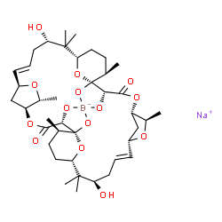 ChemSpider 2D Image | Sodium [(1R,2R,5S,6R,8S,9E,12R,14S,17R,18R,19R,22S,23R,25S,26E,29S,31S,34R)-12,29-dihydroxy-1,2,18,19-tetra(hydroxy-kappaO)-6,13,13,17,23,30,30,34-octamethyl-4,7,21,24,35,37-hexaoxapentacyclo[29.3.1.1
~5,8~.1~14,18~.1~22,25~]octatriaconta-9,26-diene-3,20-dionato(4-)]borate(1-) | C40H60BNaO14