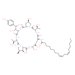 ChemSpider 2D Image | (9Z,12Z)-N-{(2R,6S,9S,11R,12S,14aS,15S,16S,20S,23S,25aS)-23-[(1S,2S)-1,2-Dihydroxy-2-(4-hydroxyphenyl)ethyl]-2,11,12,15-tetrahydroxy-6,20-bis[(1S)-1-hydroxyethyl]-16-methyl-5,8,14,19,22,25-hexaoxotetr
acosahydro-1H-dipyrrolo[2,1-c:2',1'-l][1,4,7,10,13,16]hexaazacyclohenicosin-9-yl}-9,12-octadecadienamide | C52H81N7O16
