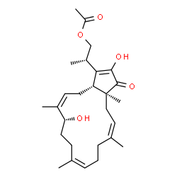 ChemSpider 2D Image | (2S)-2-[(3aS,5Z,9Z,13R,14Z,16aR)-2,13-Dihydroxy-3a,6,10,14-tetramethyl-3-oxo-3,3a,4,7,8,11,12,13,16,16a-decahydrocyclopenta[15]annulen-1-yl]propyl acetate | C27H40O5
