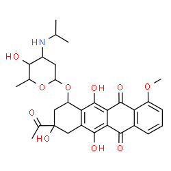 ChemSpider 2D Image | 3-Acetyl-3,5,12-trihydroxy-10-methoxy-6,11-dioxo-1,2,3,4,6,11-hexahydro-1-tetracenyl 2,3,6-trideoxy-3-(isopropylamino)hexopyranoside | C30H35NO10