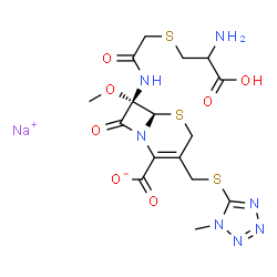 ChemSpider 2D Image | Sodium (6R,7S)-7-({[(2-amino-2-carboxyethyl)sulfanyl]acetyl}amino)-7-methoxy-3-{[(1-methyl-1H-tetrazol-5-yl)sulfanyl]methyl}-8-oxo-5-thia-1-azabicyclo[4.2.0]oct-2-ene-2-carboxylate | C16H20N7NaO7S3