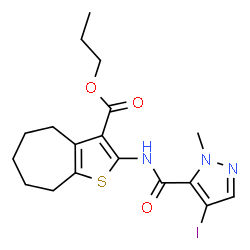 ChemSpider 2D Image | Propyl 2-{[(4-iodo-1-methyl-1H-pyrazol-5-yl)carbonyl]amino}-5,6,7,8-tetrahydro-4H-cyclohepta[b]thiophene-3-carboxylate | C18H22IN3O3S