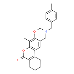 ChemSpider 2D Image | 7-Methyl-10-(4-methylbenzyl)-1,2,3,4,10,11-hexahydro-5H,9H-benzo[3,4]chromeno[6,7-e][1,3]oxazin-5-one | C24H25NO3