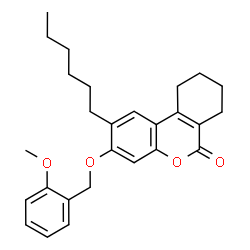 ChemSpider 2D Image | 2-Hexyl-3-[(2-methoxybenzyl)oxy]-7,8,9,10-tetrahydro-6H-benzo[c]chromen-6-one | C27H32O4
