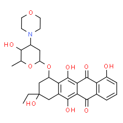 ChemSpider 2D Image | 3-Ethyl-3,5,10,12-tetrahydroxy-6,11-dioxo-1,2,3,4,6,11-hexahydro-1-tetracenyl 2,3,6-trideoxy-3-(4-morpholinyl)hexopyranoside | C30H35NO10