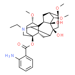 ChemSpider 2D Image | (1alpha,10alpha,13alpha,14alpha,16beta,17xi)-20-Ethyl-8,9-dihydroxy-1,14,16-trimethoxyaconitan-4-yl 2-aminobenzoate | C30H42N2O7