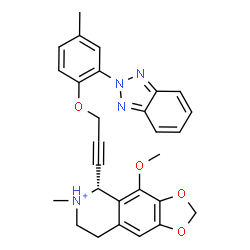 ChemSpider 2D Image | (5R)-5-{3-[2-(2H-Benzotriazol-2-yl)-4-methylphenoxy]-1-propyn-1-yl}-4-methoxy-6-methyl-5,6,7,8-tetrahydro[1,3]dioxolo[4,5-g]isoquinolin-6-ium | C28H27N4O4