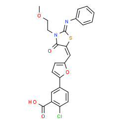 ChemSpider 2D Image | 2-Chloro-5-(5-{(E)-[(2Z)-3-(2-methoxyethyl)-4-oxo-2-(phenylimino)-1,3-thiazolidin-5-ylidene]methyl}-2-furyl)benzoic acid | C24H19ClN2O5S