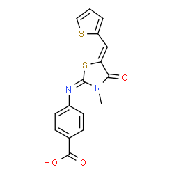 ChemSpider 2D Image | 4-{[(2E,5Z)-3-Methyl-4-oxo-5-(2-thienylmethylene)-1,3-thiazolidin-2-ylidene]amino}benzoic acid | C16H12N2O3S2