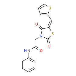 ChemSpider 2D Image | 2-[(5E)-2,4-Dioxo-5-(2-thienylmethylene)-1,3-thiazolidin-3-yl]-N-phenylacetamide | C16H12N2O3S2