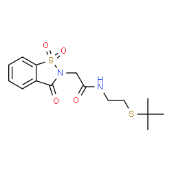 ChemSpider 2D Image | 2-(1,1-Dioxido-3-oxo-1,2-benzothiazol-2(3H)-yl)-N-{2-[(2-methyl-2-propanyl)sulfanyl]ethyl}acetamide | C15H20N2O4S2