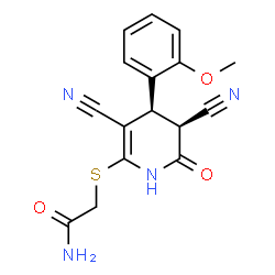 ChemSpider 2D Image | 2-{[(4R,5S)-3,5-Dicyano-4-(2-methoxyphenyl)-6-oxo-1,4,5,6-tetrahydro-2-pyridinyl]sulfanyl}acetamide | C16H14N4O3S