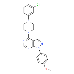 ChemSpider 2D Image | 4-[4-(3-Chlorophenyl)-1-piperazinyl]-1-(4-methoxyphenyl)-1H-pyrazolo[3,4-d]pyrimidine | C22H21ClN6O