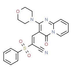 ChemSpider 2D Image | (2E)-3-[2-(4-Morpholinyl)-4-oxo-4H-pyrido[1,2-a]pyrimidin-3-yl]-2-(phenylsulfonyl)acrylonitrile | C21H18N4O4S