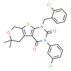 ChemSpider 2D Image | 1-(2-Chlorobenzyl)-3-(3-chlorophenyl)-6,6-dimethyl-1,5,6,8-tetrahydro-2H-pyrano[4',3':4,5]thieno[2,3-d]pyrimidine-2,4(3H)-dione | C24H20Cl2N2O3S