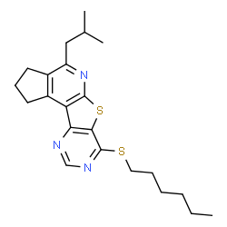 ChemSpider 2D Image | 7-(Hexylsulfanyl)-4-isobutyl-2,3-dihydro-1H-cyclopenta[4',5']pyrido[3',2':4,5]thieno[3,2-d]pyrimidine | C22H29N3S2