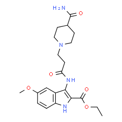 ChemSpider 2D Image | Ethyl 3-{[3-(4-carbamoyl-1-piperidinyl)propanoyl]amino}-5-methoxy-1H-indole-2-carboxylate | C21H28N4O5