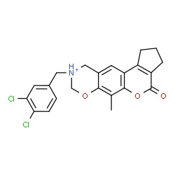 ChemSpider 2D Image | 9-(3,4-Dichlorobenzyl)-6-methyl-4-oxo-1,2,3,4,9,10-hexahydro-8H-cyclopenta[3,4]chromeno[6,7-e][1,3]oxazin-9-ium | C22H20Cl2NO3
