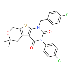 ChemSpider 2D Image | 1-(4-Chlorobenzyl)-3-(4-chlorophenyl)-6,6-dimethyl-1,5,6,8-tetrahydro-2H-pyrano[4',3':4,5]thieno[2,3-d]pyrimidine-2,4(3H)-dione | C24H20Cl2N2O3S