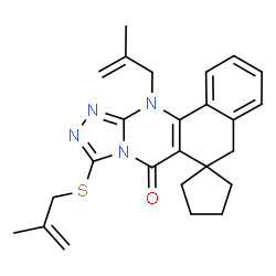 ChemSpider 2D Image | 12-(2-Methyl-2-propen-1-yl)-9-[(2-methyl-2-propen-1-yl)sulfanyl]-5H-spiro[benzo[h][1,2,4]triazolo[3,4-b]quinazoline-6,1'-cyclopentan]-7(12H)-one | C25H28N4OS