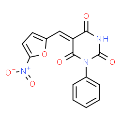 ChemSpider 2D Image | (5Z)-5-[(5-Nitro-2-furyl)methylene]-1-phenyl-2,4,6(1H,3H,5H)-pyrimidinetrione | C15H9N3O6