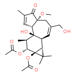 ChemSpider 2D Image | (1aR,1bS,4aR,7aS,7bS,8R,9R,9aS)-7b-Hydroxy-3-(hydroxymethyl)-4a-methoxy-1,1,6,8-tetramethyl-5-oxo-1,1a,1b,4,4a,5,7a,7b,8,9-decahydro-9aH-cyclopropa[3,4]benzo[1,2-e]azulene-9,9a-diyl diacetate | C25H34O8