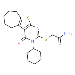 ChemSpider 2D Image | 2-[(3-Cyclohexyl-4-oxo-3,5,6,7,8,9-hexahydro-4H-cyclohepta[4,5]thieno[2,3-d]pyrimidin-2-yl)sulfanyl]acetamide | C19H25N3O2S2