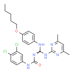 ChemSpider 2D Image | 1-(3,4-Dichlorophenyl)-3-([(4,6-dimethyl-2-pyrimidinyl)amino]{[4-(pentyloxy)phenyl]amino}methylene)urea | C25H28Cl2N6O2