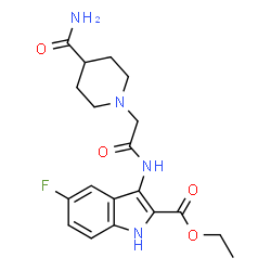 ChemSpider 2D Image | Ethyl 3-{[(4-carbamoyl-1-piperidinyl)acetyl]amino}-5-fluoro-1H-indole-2-carboxylate | C19H23FN4O4