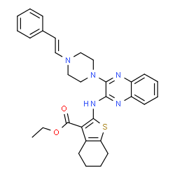 ChemSpider 2D Image | Ethyl 2-[(3-{4-[(E)-2-phenylvinyl]-1-piperazinyl}-2-quinoxalinyl)amino]-4,5,6,7-tetrahydro-1-benzothiophene-3-carboxylate | C31H33N5O2S