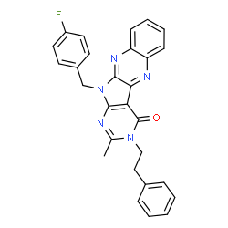 ChemSpider 2D Image | 11-(4-Fluorobenzyl)-2-methyl-3-(2-phenylethyl)-3,11-dihydro-4H-pyrimido[5',4':4,5]pyrrolo[2,3-b]quinoxalin-4-one | C28H22FN5O