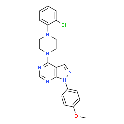 ChemSpider 2D Image | 4-[4-(2-Chlorophenyl)-1-piperazinyl]-1-(4-methoxyphenyl)-1H-pyrazolo[3,4-d]pyrimidine | C22H21ClN6O
