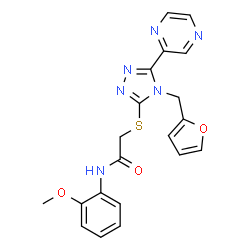 ChemSpider 2D Image | 2-{[4-(2-Furylmethyl)-5-(2-pyrazinyl)-4H-1,2,4-triazol-3-yl]sulfanyl}-N-(2-methoxyphenyl)acetamide | C20H18N6O3S