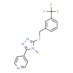 ChemSpider 2D Image | 4-(4-Methyl-5-{[3-(trifluoromethyl)benzyl]sulfanyl}-4H-1,2,4-triazol-3-yl)pyridine | C16H13F3N4S