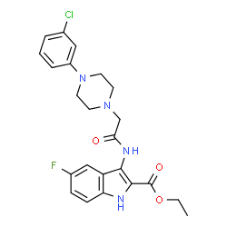 ChemSpider 2D Image | Ethyl 3-({[4-(3-chlorophenyl)-1-piperazinyl]acetyl}amino)-5-fluoro-1H-indole-2-carboxylate | C23H24ClFN4O3