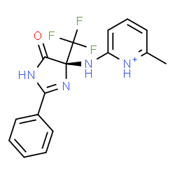 ChemSpider 2D Image | 2-Methyl-6-{[(4R)-5-oxo-2-phenyl-4-(trifluoromethyl)-4,5-dihydro-1H-imidazol-4-yl]amino}pyridinium | C16H14F3N4O