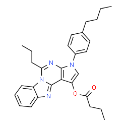 ChemSpider 2D Image | 3-(4-Butylphenyl)-5-propyl-3H-pyrrolo[2',3':4,5]pyrimido[1,6-a]benzimidazol-1-yl butyrate | C29H32N4O2