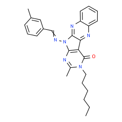 ChemSpider 2D Image | 3-Hexyl-2-methyl-11-[(3-methylbenzylidene)amino]-3,11-dihydro-4H-pyrimido[5',4':4,5]pyrrolo[2,3-b]quinoxalin-4-one | C27H28N6O