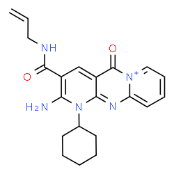 ChemSpider 2D Image | 3-(Allylcarbamoyl)-2-amino-1-cyclohexyl-5-oxo-1,5-dihydrodipyrido[1,2-a:2',3'-d]pyrimidin-6-ium | C21H24N5O2