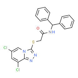 ChemSpider 2D Image | 2-[(6,8-Dichloro[1,2,4]triazolo[4,3-a]pyridin-3-yl)sulfanyl]-N-(diphenylmethyl)acetamide | C21H16Cl2N4OS