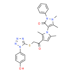 ChemSpider 2D Image | 4-[3-({[1-(4-Hydroxyphenyl)-1H-tetrazol-5-yl]sulfanyl}acetyl)-2,5-dimethyl-1H-pyrrol-1-yl]-1,5-dimethyl-2-phenyl-1,2-dihydro-3H-pyrazol-3-one | C26H25N7O3S