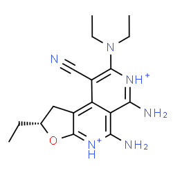 ChemSpider 2D Image | (2R)-5,6-Diamino-9-cyano-8-(diethylamino)-2-ethyl-1,2-dihydrofuro[2,3-c][2,7]naphthyridine-4,7-diium | C17H24N6O