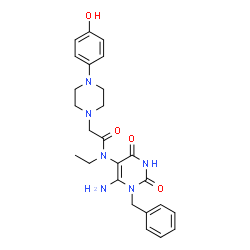ChemSpider 2D Image | N-(6-Amino-1-benzyl-2,4-dioxo-1,2,3,4-tetrahydro-5-pyrimidinyl)-N-ethyl-2-[4-(4-hydroxyphenyl)-1-piperazinyl]acetamide | C25H30N6O4