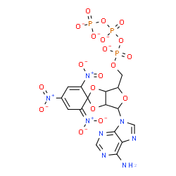 ChemSpider 2D Image | 9-{2,3-O-[6-(Dioxido-lambda~5~-azanylidene)-2,4-dinitrocyclohexa-2,4-diene-1,1-diyl]-5-O-({[(phosphonatooxy)phosphinato]oxy}phosphinato)pentofuranosyl}-9H-purin-6-amine | C16H12N8O19P3